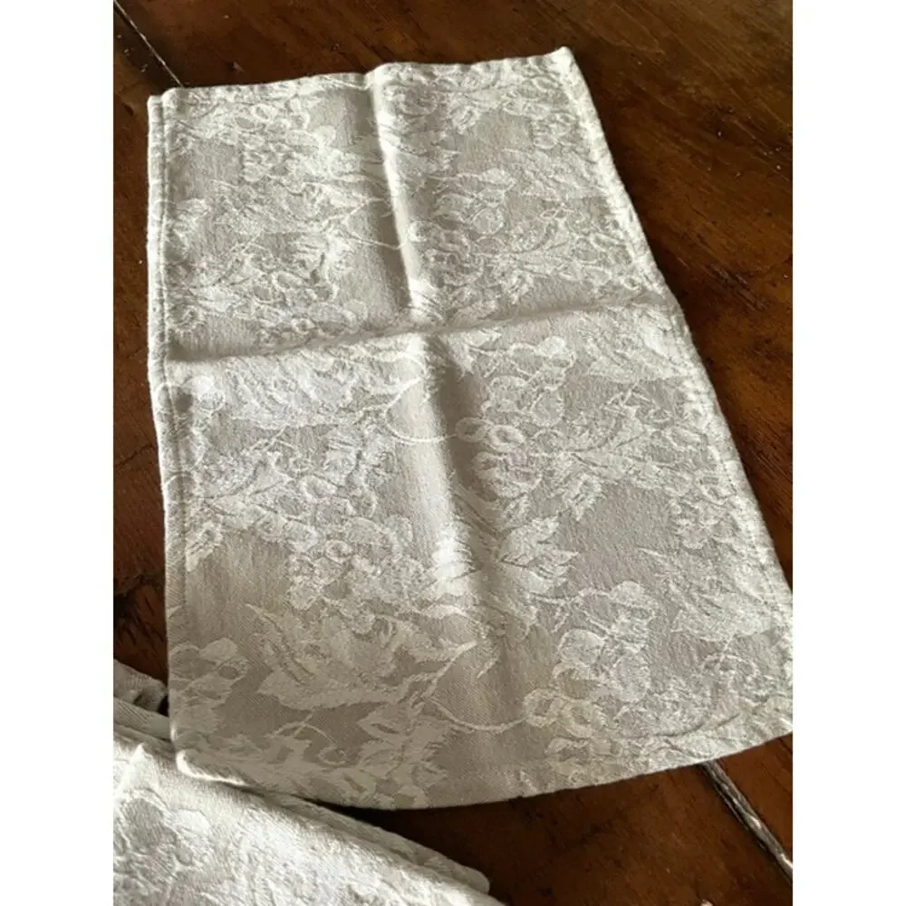 Ivory Floral Damask Cotton Napkins Set of 6 Woven Jacquard Table Linens